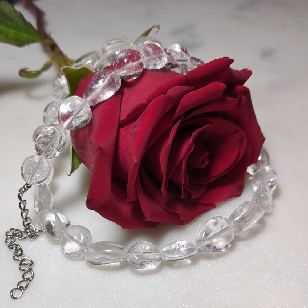 clear quartz beaded necklace with an adjustable chain and clasp